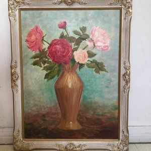 Lusy Morrow Original Art oil painting on Board still life flowers in vase Framed